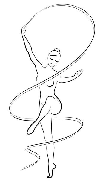Rhythmic gymnastics. Silhouette of a girl with a ribbon. Beautiful gymnast. The woman is slim and young. Vector illustration - Vector, Image