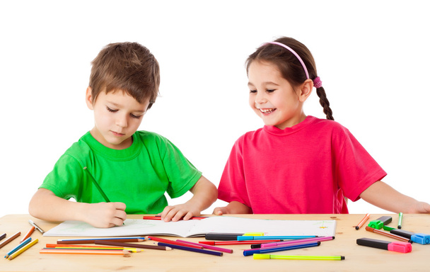 Two little kids draw with crayons - Φωτογραφία, εικόνα