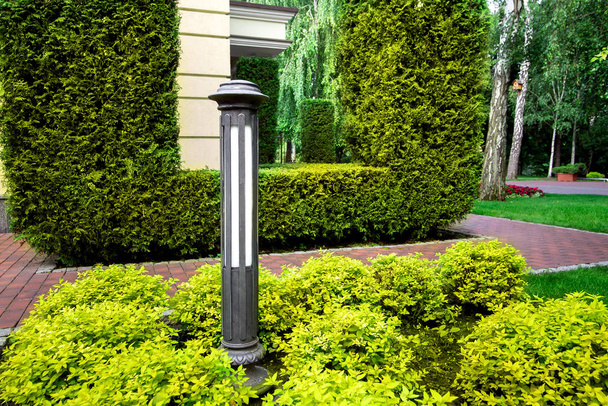 a garden ground iron lamp in the green bushes and pedestrian footpath on park. - Фото, изображение
