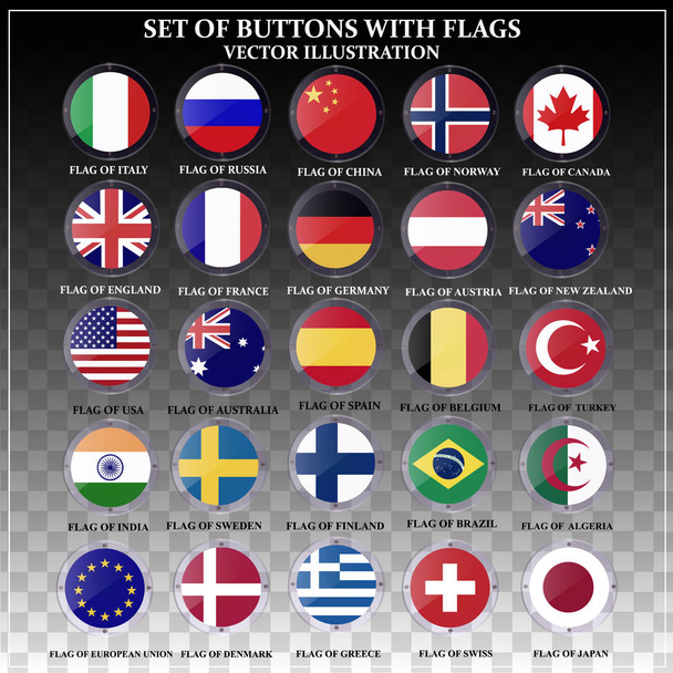 Brillante juego transparente de banderas con banderas. Ilustración con banderas del mundo para el diseño web
. - Vector, imagen