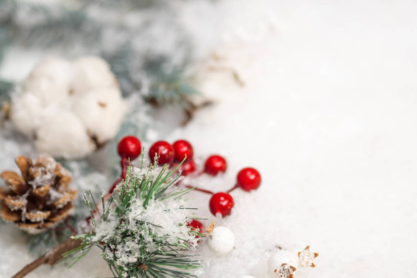 Festive winter flat lay. Snow, cones and branches of a green Christmas tree on a white background - Фото, изображение