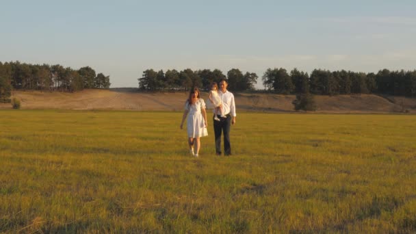 mother, father and little daughter walking in a field in the sun. concept of a happy childhood. child, dad and mom play in the meadow in the sun. Happy young family. concept of a happy family. - Filmagem, Vídeo