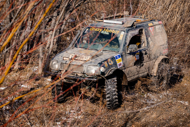 Khabarovsk, Russia - Nov 11, 2019: Jeep Suzuki Jimny overcomes obstacles in the forest. - Photo, Image