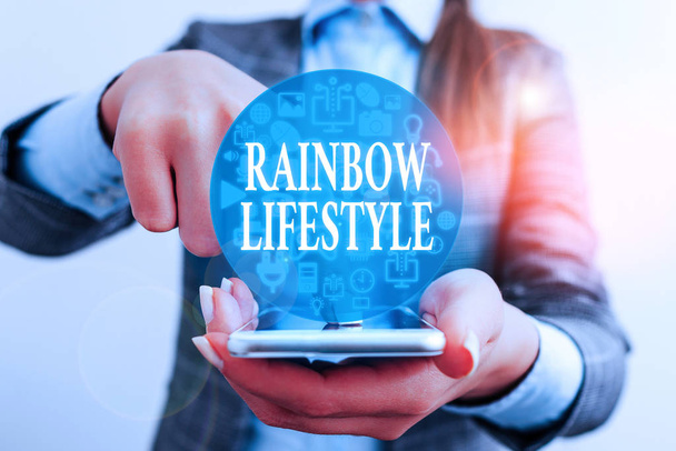 Tekst pisma Rainbow Lifestyle. Koncepcja oznaczająca tę samą parę płciową lub osobę w społeczności Lgbt. - Zdjęcie, obraz