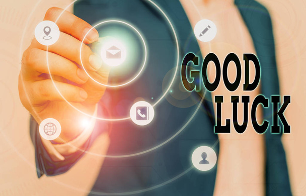 Text sign showing Good Luck. Conceptual photo wish positive fortune or happy outcome that a demonstrating can have. - Photo, Image
