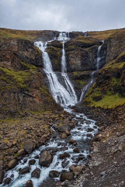 Rjukandi waterfall, Iceland. September 2019. cloudy day. - 写真・画像