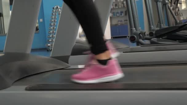 スニーカーの女の子の足がトレッドミルに沿って行く。接近中だ歩くときに足の筋肉を強化します。心臓への負荷フィットネスクラブの女性は散歩に行く。スポーツライフスタイルのコンセプト。ジムでの体重減少は. - 映像、動画