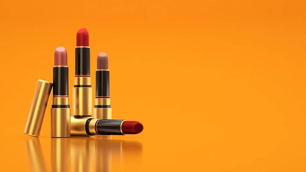 Lipstick on a yellow background. The tube, bottle, style, makeup, lips, beauty, make-up, facials. Cosmetics. - Photo, image