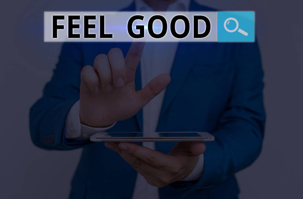 Fogalmi kézírás, ami a Feel Good-t mutatja. Üzleti fotó bemutatása kapcsolatos vagy előmozdítása gyakran megtévesztő elégedettség. - Fotó, kép