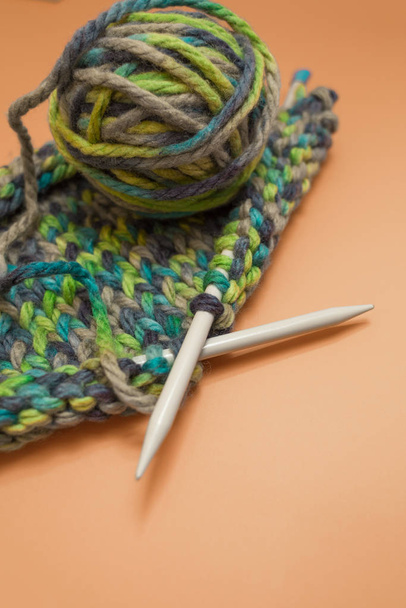 Knitting needles and multi-colored threads. - Photo, Image