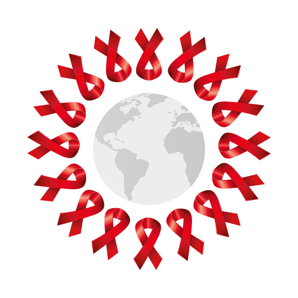 world map with set of aids day awareness ribbons - Vector, Image