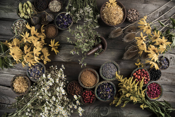 Remedio natural, medicina herbal y fondo de mesa de madera - Foto, Imagen