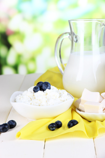 Fresh dairy products with blueberry on wooden table on natural background - Photo, image