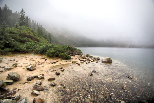 ポーランド高タトラ山脈のタトラ国立公園。霧と雨の日のモルスキー湖オコ、ザコパネ、ポーランド、ヨーロッパ. - 写真・画像