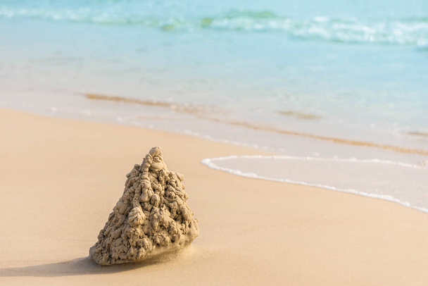 Acogedora casa de arena construida o castillo de arena con torres en la orilla de la playa de arena cerca del mar azul
 - Foto, Imagen