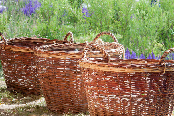 Primer plano de mimbre natural hecho a mano cestas de mimbre rústico para fr
 - Foto, Imagen