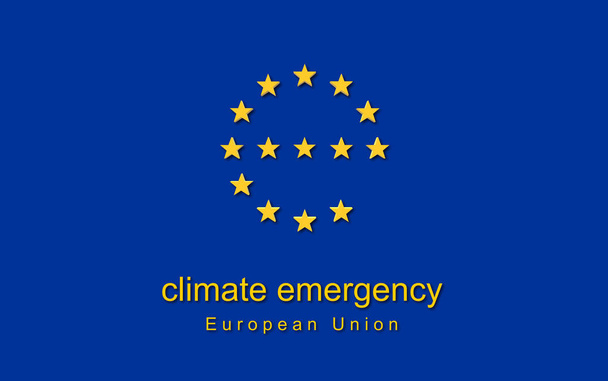Parlament Europejski ogłasza symboliczny kryzys klimatyczny. Ilustracja 3D dotycząca koncepcji globalnego ocieplenia. Litera E z gwiazdami Eu. Oficjalne kolory flagi. - Zdjęcie, obraz