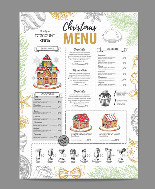 甘いジンジャーブレッドハウス、カップケーキやカクテルとクリスマスメニューのデザイン - ベクター画像
