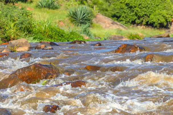 River water rapids rocks raging currents natures power closeup valley landscape - Photo, Image