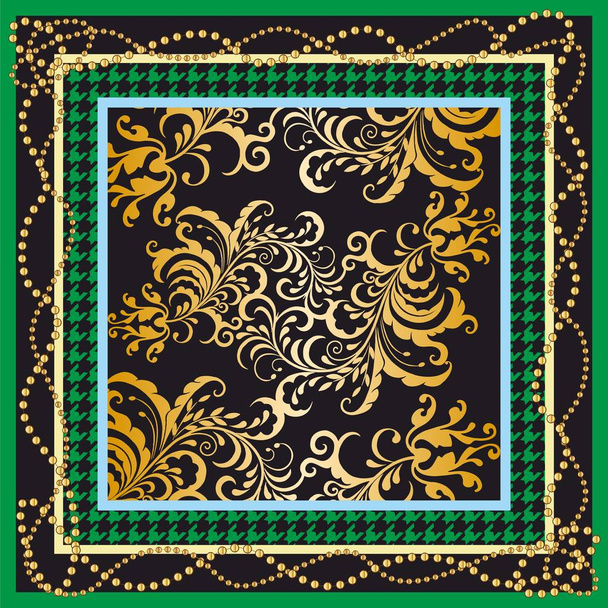 Gouden paisley, kettingen en rood koevoet patroon. Kleurrijke bloemen achtergrond, Schals, bandanna, sjaal, kerchief digitale print, Stof ontwerp. Vrouwenmode. - Vector - Vector, afbeelding