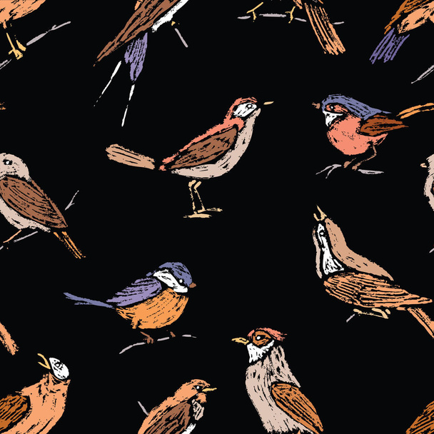 Seamless pattern of various drawn wild birds - Вектор,изображение