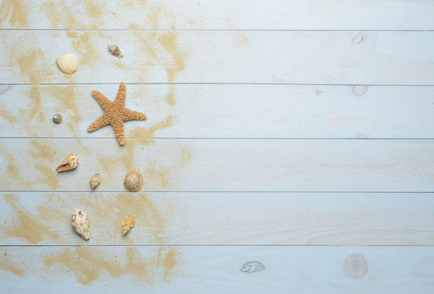 Seashells, starfish and sea shells on blue wooden background wit - Foto, Imagem