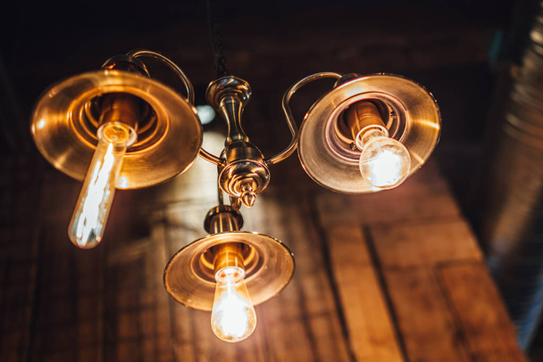 View on hanging wintage light bulbs, edison style light  - 写真・画像