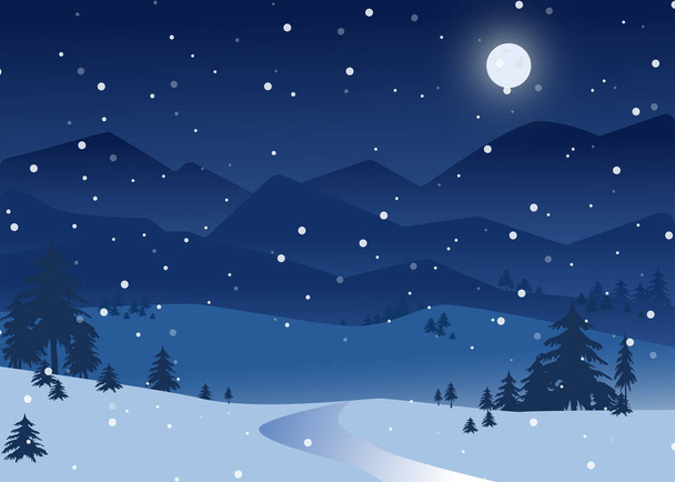 Cozy snowy night scene. Beatiful winter background.  Moonlit landscape. - Vector, Image