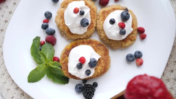 Vegan Pancakes For Breakfast With Fresh Berries. Healthy Food Concept. - Video