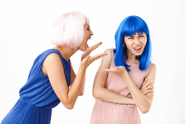 Portrait of furious woman wearing pink wig holding screaming at confused girl holding copyspace - Photo, image