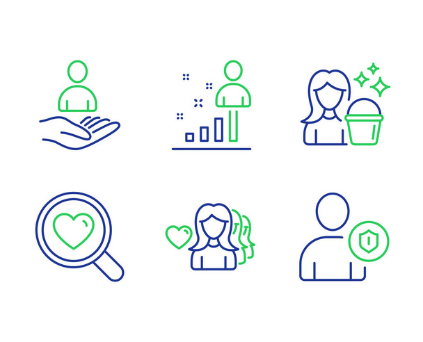Stats, Woman love and Search love icons set. Cleaning, Recruitme - Vector, Image