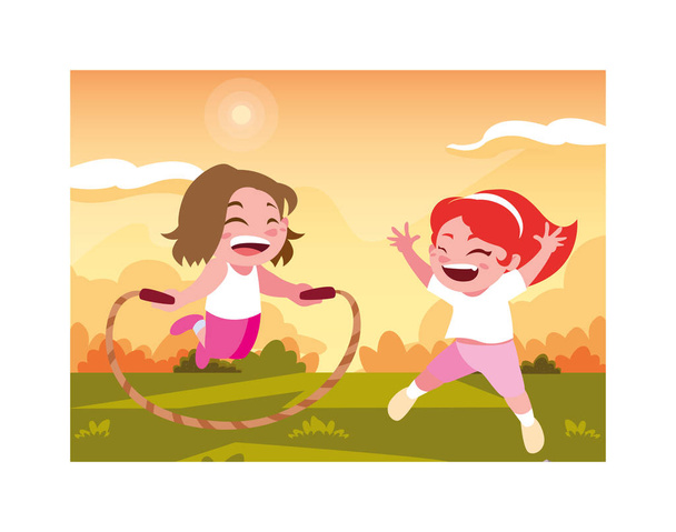κορίτσια που χαμογελούν και παίζουν με σχοινάκι - Διάνυσμα, εικόνα