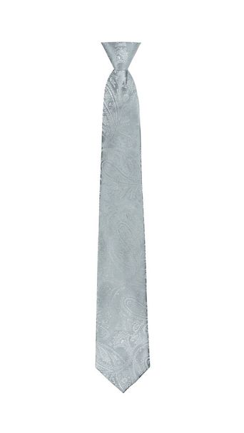 Paisley μοτίβο κομψό στενό δεμένα ασημένια γραβάτα απομονώνονται σε λευκό φόντο. Ανδρική μόδα και ψώνια έννοια - Φωτογραφία, εικόνα