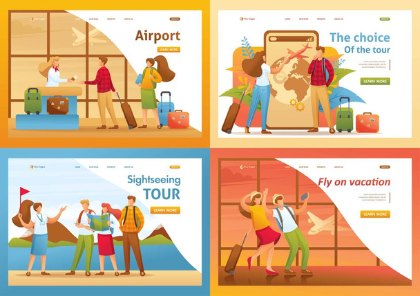 Set 2d flache Konzepte, Menschen im Urlaub, auf Ausflügen, im Urlaub. für Landingpage-Konzepte und Webdesign - Vektor, Bild