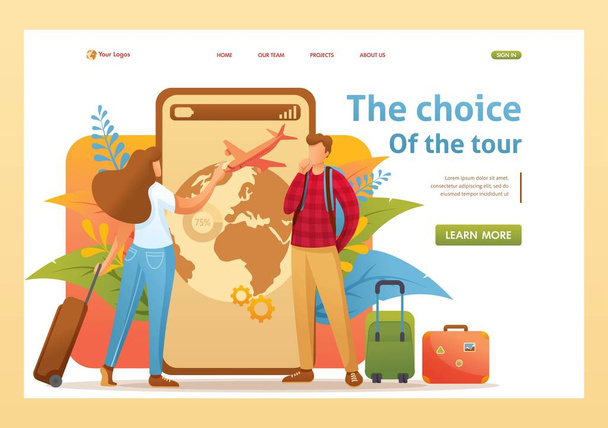 Jugendliche planen ihre Reise in den Urlaub, wählen die Richtung. flache 2D-Zeichen. Landing Page Konzepte und Webdesign - Vektor, Bild