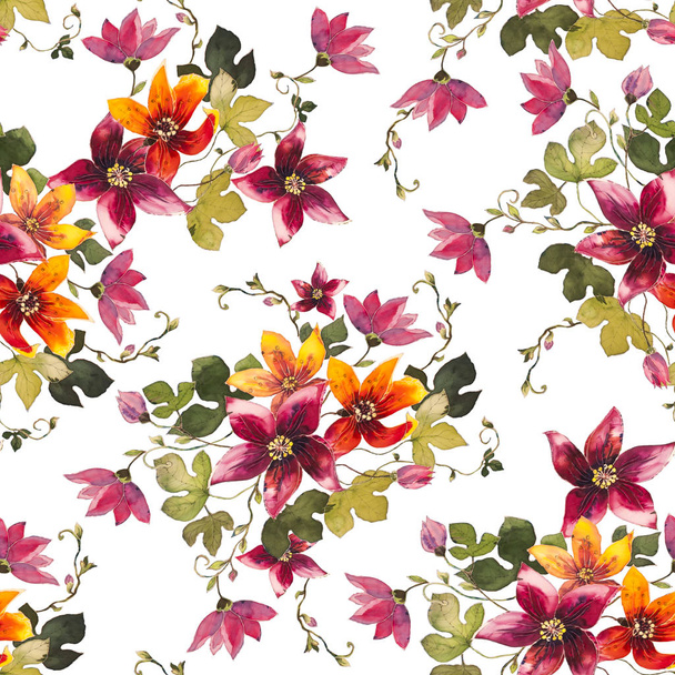 Watercolor bouquet flowers lily. Seamless pattern on white background. - 写真・画像