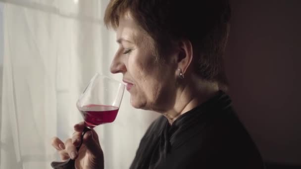 Side view close-up of senior businesslady smelling and tasting red wine. Beautiful Caucasian woman standing in sunrays with glass of wine and looking at window. Confidence, resting. leisure. - Filmmaterial, Video