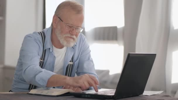 viejo pensionista atractivo con gafas para la visión funciona en el ordenador con cuentas bancarias y pagos sonrisas en línea y mira a la cámara
 - Metraje, vídeo