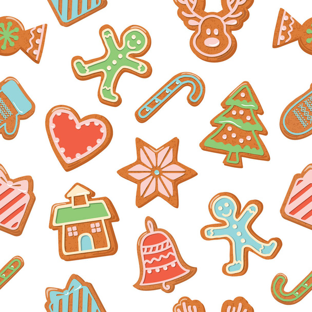 Christmas seamless background. Colorful Gingerbread cookies. Traditional pattern for wrapping paper, banners, pajamas. Cute design elements isolated on white. Vector - Vektori, kuva