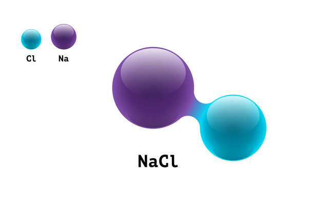 Modelo de química molécula de sal cloro sódico diatómico NaCl fórmula elemento científico. Partículas integradas estructura molecular 3d inorgánica que consiste. Dos esferas vectoriales de combinación de átomos volumen
 - Vector, Imagen
