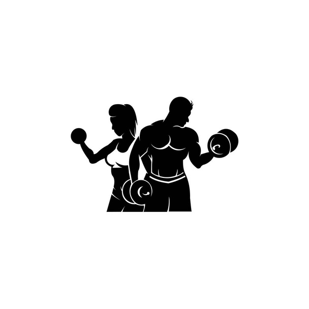 körperliche Fitness, Sportstudio-Logo, Bodybuilder mit großen Muskeln posiert, isolierte Vektorsilhouette, Frontansicht - Vektor, Bild