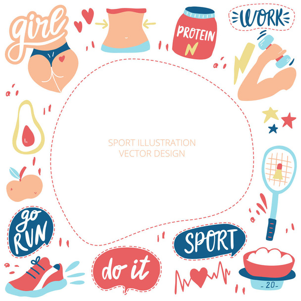 Template met motiverende elementen van sport en fitness. Doodle stijl stickers. Handgetekende illustratie. - Vector, afbeelding