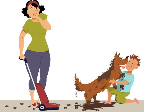 Entsetzte Mutter schaut einen Jungen an, umarmt einen sehr schmutzigen Hund, macht überall Chaos, Folge 8 Vektorillustration - Vektor, Bild