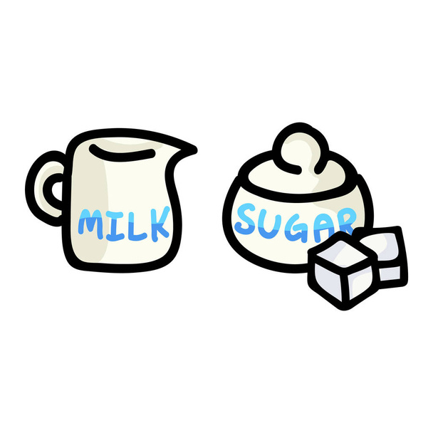 Cute Milk Jug and Sugar Pot Cartoon Vector Illustration (em inglês). Hand Drawn Breakfast Dairy Element Clip Art para conceito de cozinha. Doce gráfico, bebida e louça Web botão Doodle Motif
.  - Vetor, Imagem