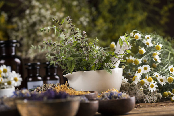 Remédio natural, Medicina herbal e mesa de madeira fundo - Foto, Imagem
