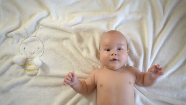 4k, χαριτωμένο μωρό βρίσκεται στην πλάτη του και κοιτάζει την κάμερα. - Πλάνα, βίντεο