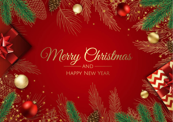 Vánoční přání s vánoční ozdobou stromků, borovicové větve, sněhová vločka a konfety. - Vektor, obrázek