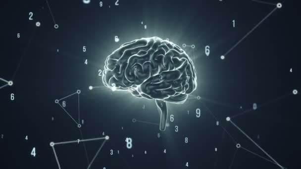 Animatie van rotatie menselijke hersenen met vliegende gegevens rond op grijze achtergrond. Animatie van een naadloze lus - Video