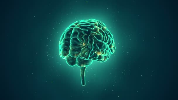 animatie van rotatie menselijk brein op turquoise achtergrond, wetenschap en sociale technologie concept. Animatie van een naadloze lus.  - Video
