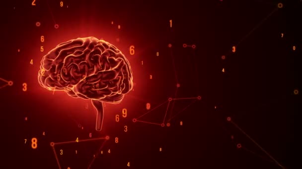 Animatie van rotatie rode menselijke hersenen met vliegende gegevens rond op grijze achtergrond. Animatie van een naadloze lus - Video